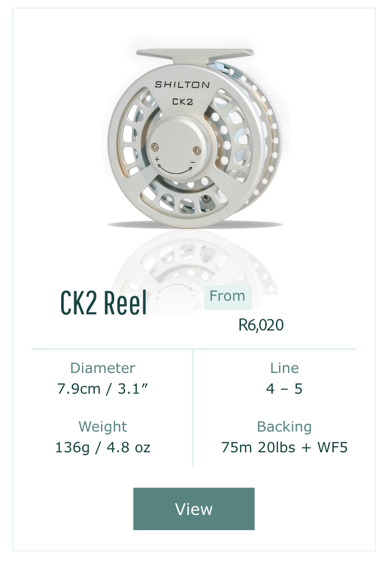 Shilton CK2 fishing reel with specifications on a white background